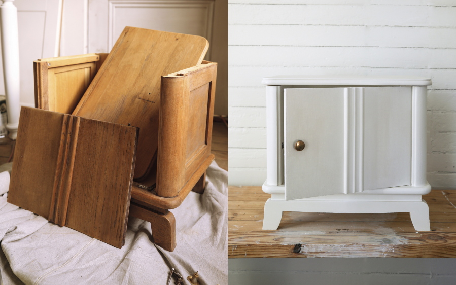 A disassembled wood cabinet, left, and the cabinet refinished with white paint and brass hardware, featured in the book "Probably This Housewarming: A Guide to Creating a Home You Adore," by Beau Ciolino and Matt Armato.