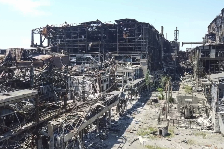 In this photo taken from video released by the Russian Defense Ministry on Monday, June 13, 2022, a view of the Metallurgical Combine Azovstal plant, in Mariupol, on the territory which is under the Government of the Donetsk People's Republic control, eastern Ukraine. The plant was almost completely destroyed during the siege of Mariupol.