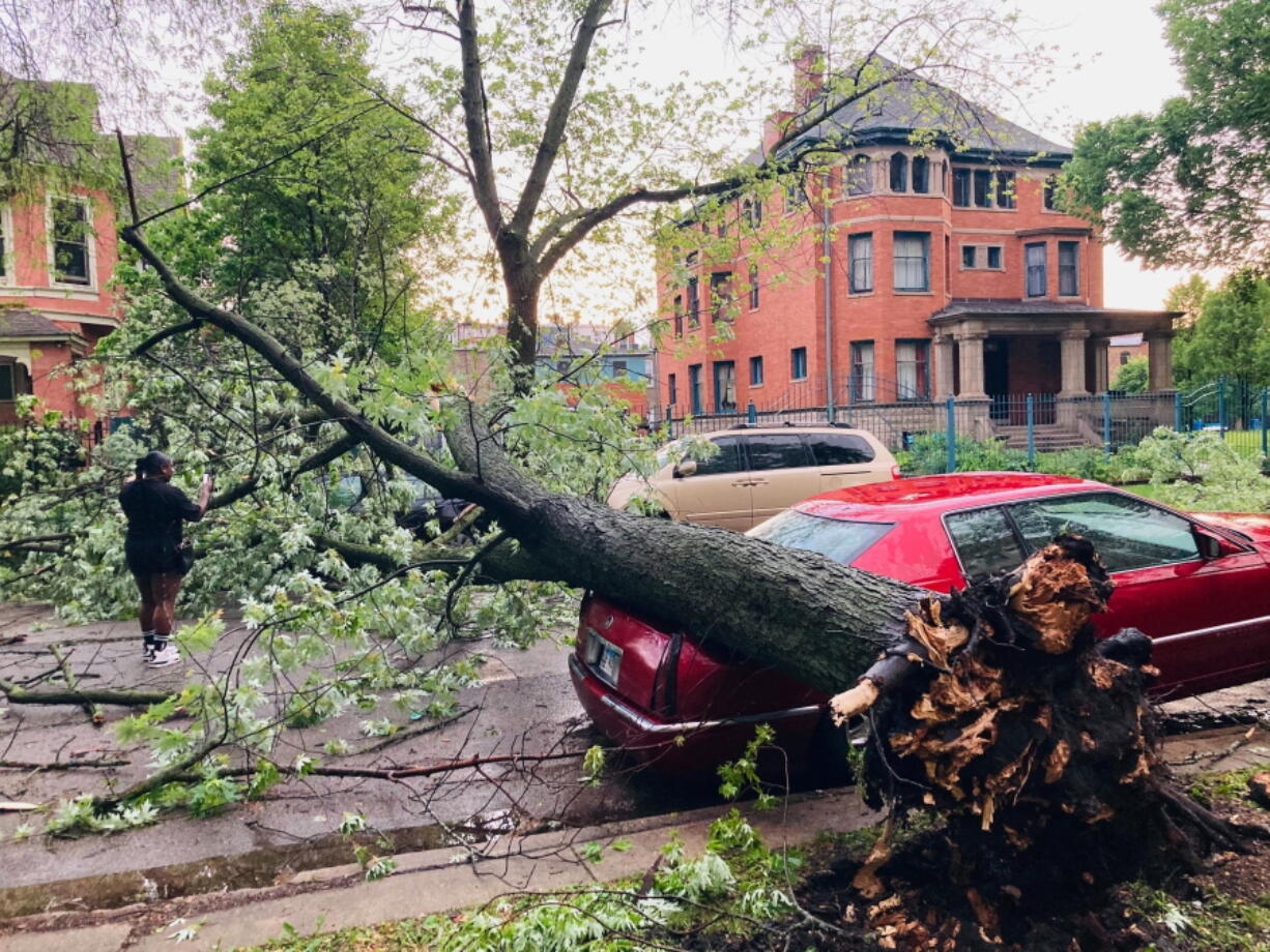 A tree covers three cars parked on Greenwood Avenue in the North Kenwood neighborhood on Chicago's South Side on Monday, June 13, 2022.  A supercell thunderstorm with winds in excess of 80 mph (129 kph) toppled trees and damaged power lines Monday evening as it left a trail of damage across the Chicago area and into northwestern Indiana, the National Weather Service said.