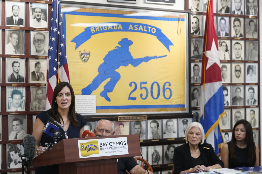 Florida Lt. Gov. Jeanette Nunez, left, speaks at a news conference along with Cuban exiles, of their concern of the sale of two local Spanish language radio stations, Wednesday, June 8, 2022, at the Bay of Pigs Museum and Brigade 2506 headquarters in Miami's Little Havana neighborhood. Cuban exiles describe it as a clear attempt by Democrats to stifle conservative and anti-Communist voices in a Hispanic community where they've lost ground.