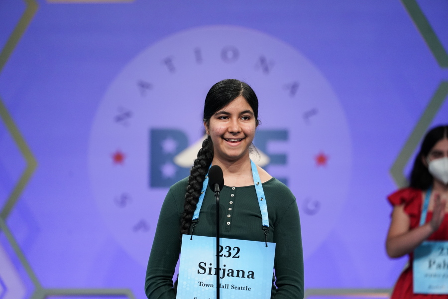 Sirjana Kaur, 14, from Redmond, Wash., competes during the Scripps National Spelling Bee, Tuesday, May 31, 2022, in Oxon Hill, Md.