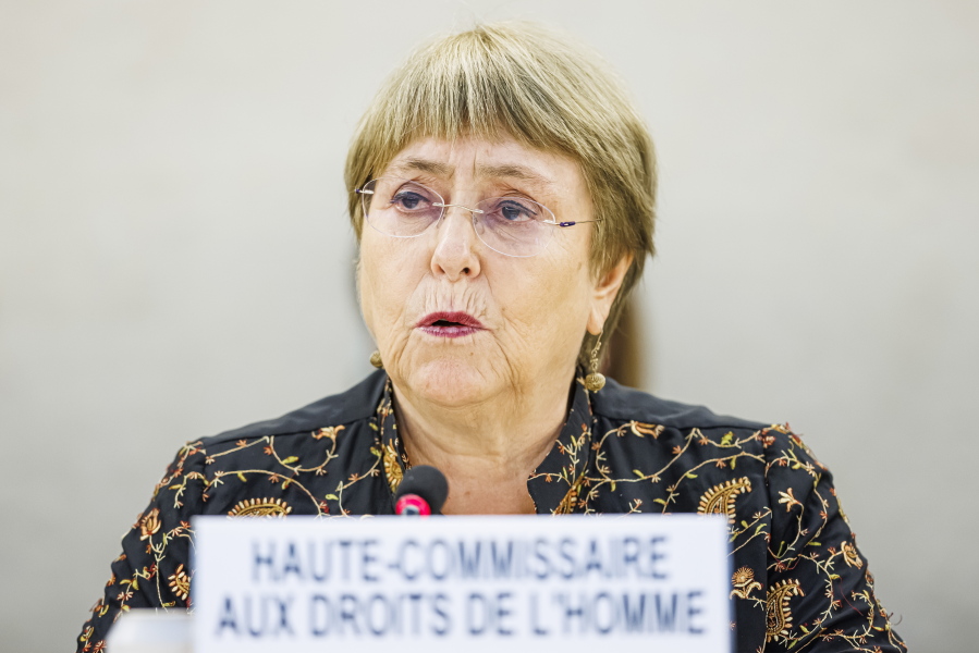 Michelle Bachelet, High Commissioner for Human Rights, delivers her statement during the opening day of the 50th session of the Human Rights Council, at the European headquarters of the United Nations in Geneva, Switzerland, Monday, June 13, 2022.