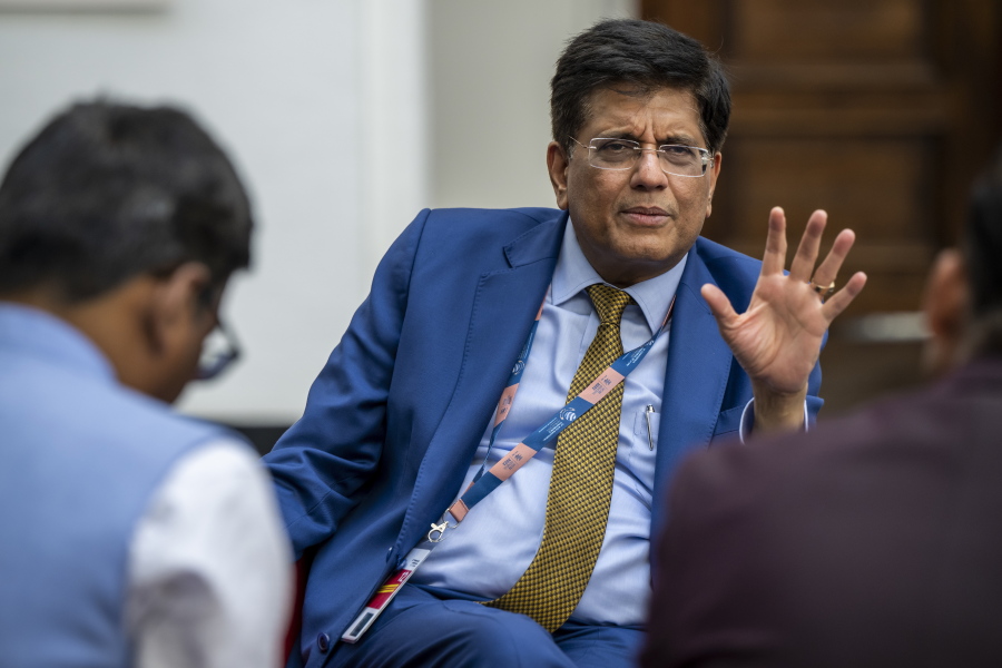 Piyush Goyal, Minister of Commerce and Industry and Minister of Consumer Affairs of India, speaks in front of journalists before the closing of the 12th Ministerial Conference (MC12), at the headquarters of the World Trade Organization (WTO), in Geneva, Switzerland, Thursday, June 16, 2022.