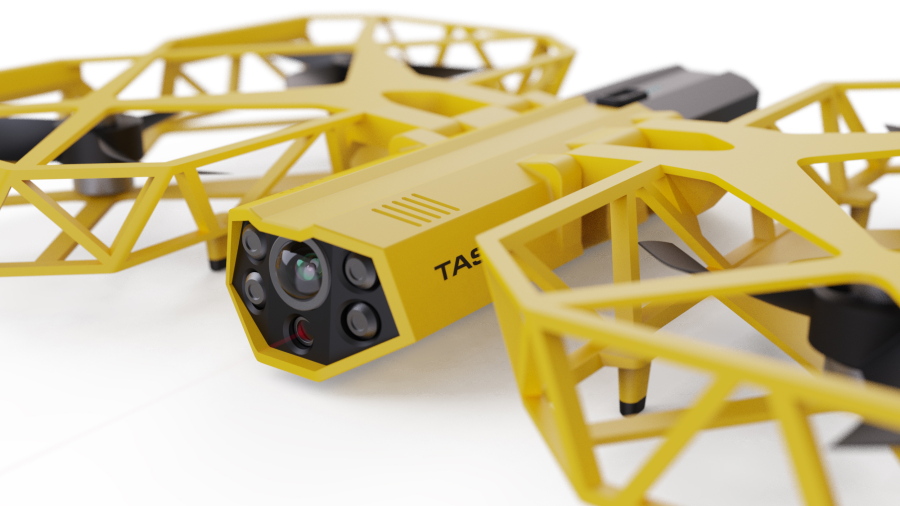 This photo provided by Axon Enterprise depicts a conceptual design through a computer-generated rendering of a taser drone. Taser developer Axon says it is working to build drones armed with the electric stunning weapons that could fly in schools and "help prevent the next Uvalde, Sandy Hook, or Columbine." But its own technology advisers quickly panned the idea as a dangerous fantasy.  (Axon Enterprise, Inc.