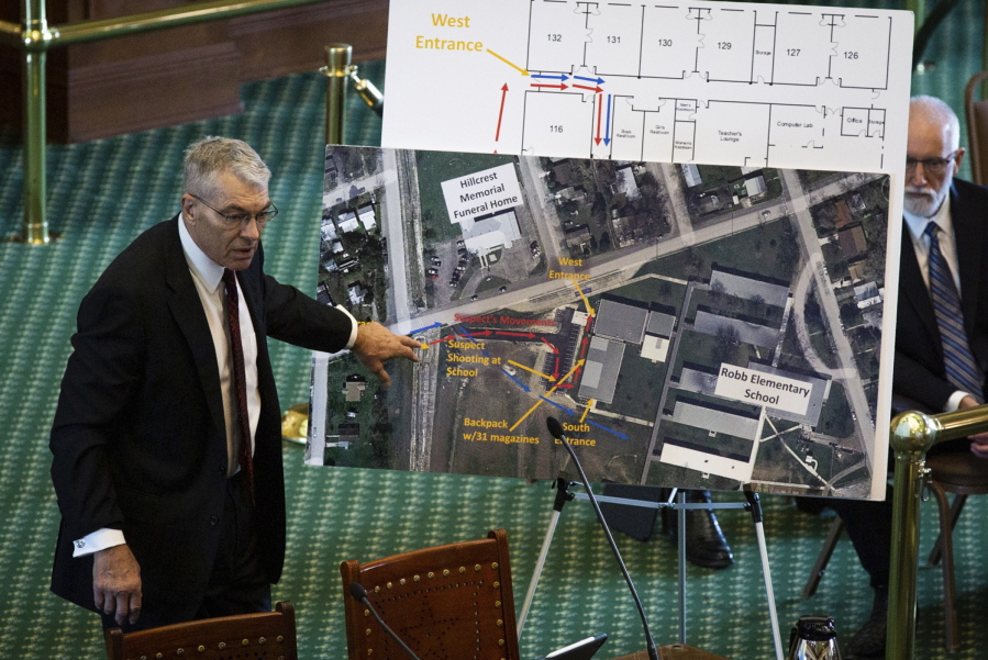 Texas Department of Public Safety Director Steve McCraw uses maps and graphics to present a timeline of the school shooting at Robb Elementary School in Uvalde, during a hearing , Tuesday, June 21, 2022, in Austin, Texas. Two teachers and 19 students were killed.