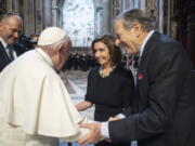 Pope Francis, greets Speaker of the House Nancy Pelosi, D-Calif., and her husband, Paul Pelosi before celebrating a Mass on the Solemnity of Saints Peter and Paul, in St. Peter's Basilica at the Vatican, Wednesday, June 29, 2022. Pelosi met with Pope Francis on Wednesday and received Communion during a papal Mass in St. Peter's Basilica, witnesses said, despite her position in support of abortion rights.