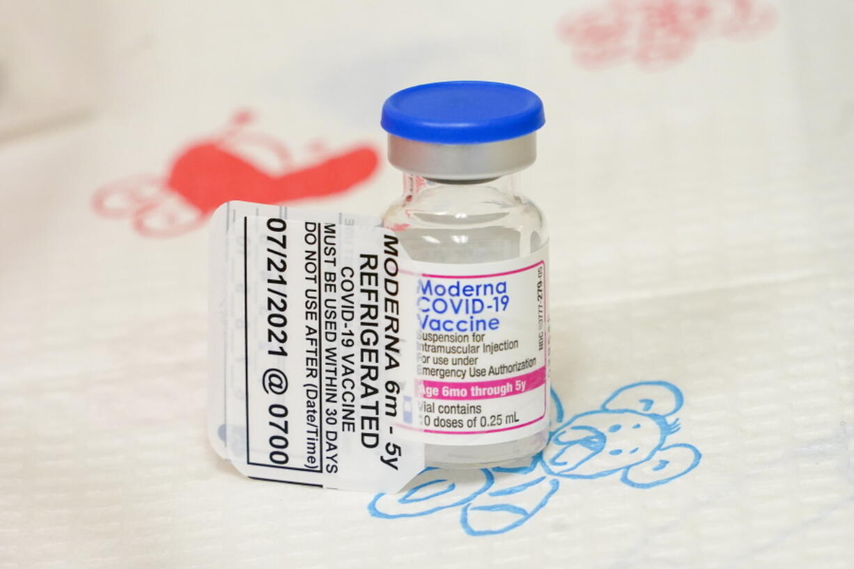 A vial of the Moderna COVID-19 vaccine for children 6 months through 5 years old is seen, Tuesday, June 21, 2022, at Montefiore Medical Group in the Bronx borough of New York.