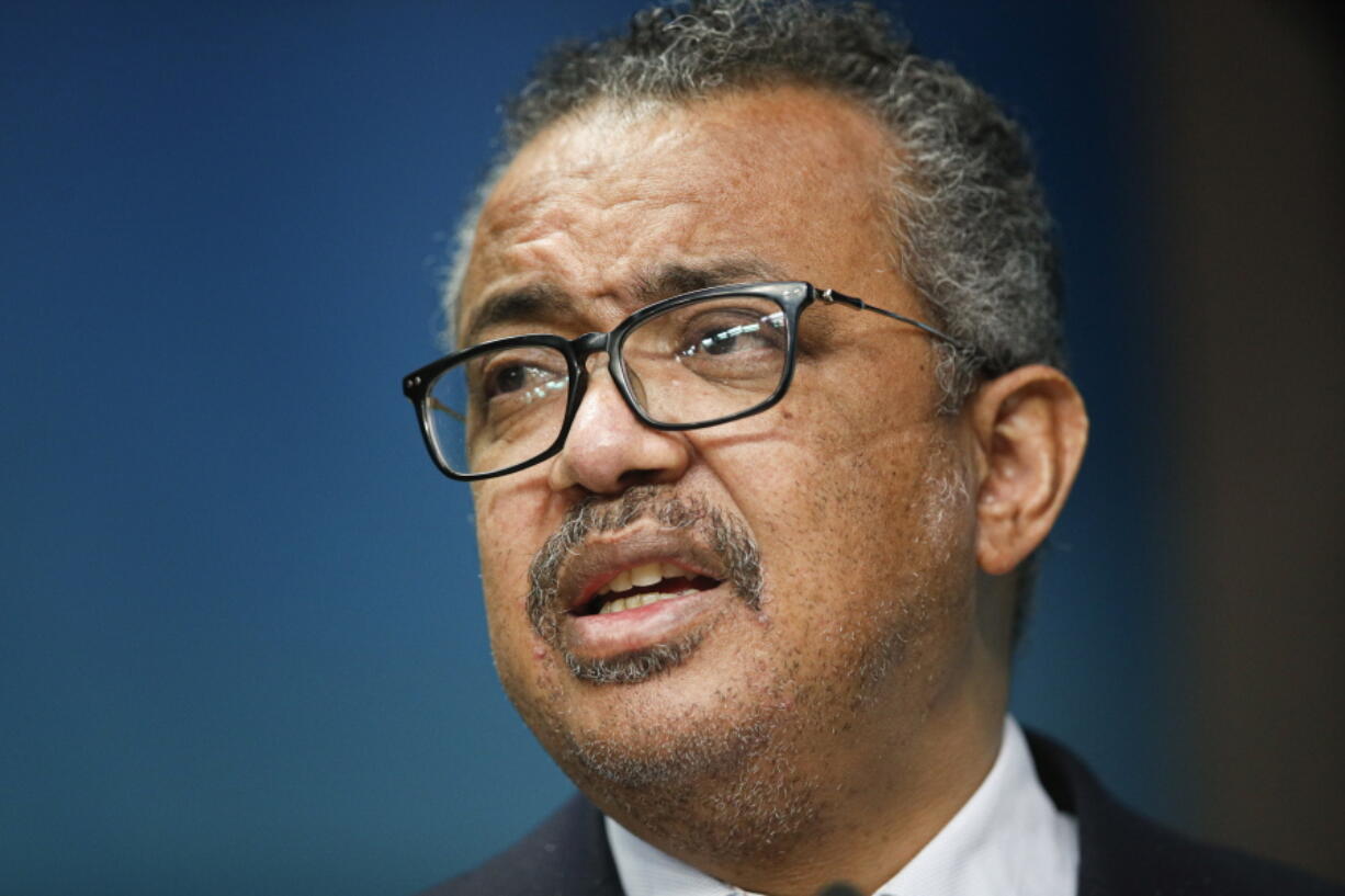 FILE - The head of the World Health Organization, Tedros Adhanom Ghebreyesus speaks during a media conference at an EU Africa summit in Brussels on Feb. 18, 2022 .The head of the World Health Organization criticized the decision of the U.S. Supreme Court to overturn the Roe v.