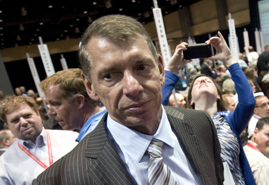 FILE - Vince McMahon stands at Republican state convention in Hartford, Conn., Friday, May 18, 2012.  McMahon is voluntarily stepping back from his roles as CEO and chairman at WWE, Friday, June 17, 2022, as the sports entertainment company performs an investigation into alleged misconduct related to a relationship with a former employee.