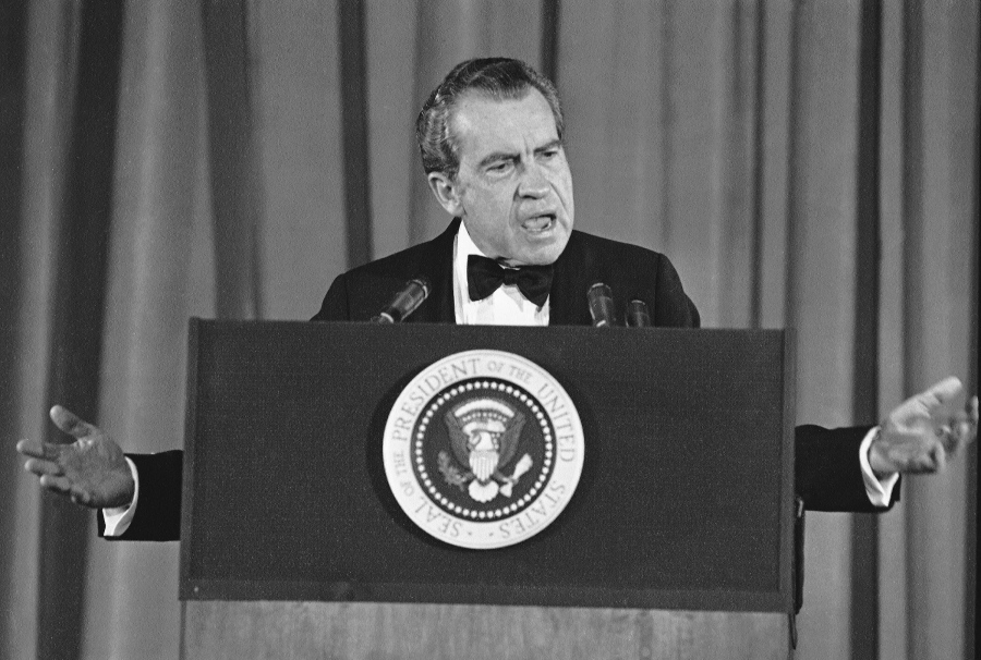 FILE - President Richard Nixon tells a group of Republican campaign contributors, he will get to the bottom of the Watergate scandal during a speech on May 9, 1973 in Washington.