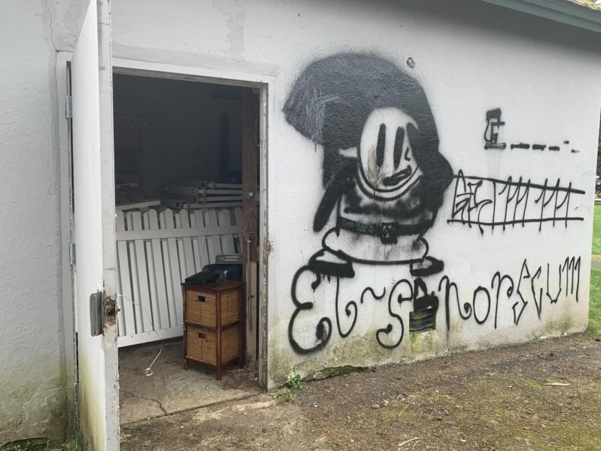 A Washougal building is tagged with graffiti in 2022. The city is exploring options to address the issue. Graffiti has almost tripled in the last three years, one city official said.