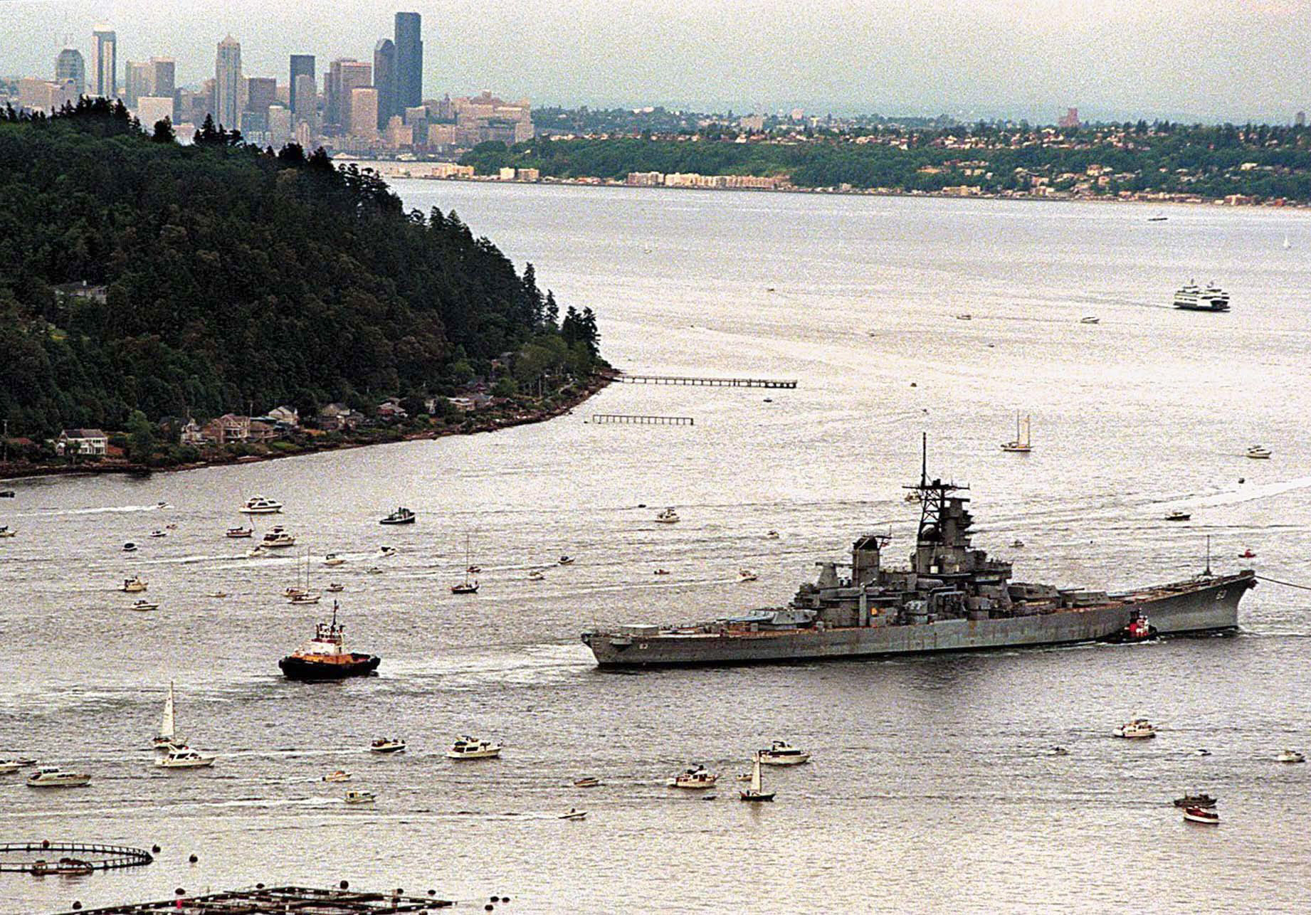 The USS Missouri is towed around the southern tip of Bainbridge Island on May 23, 1998, leaving Bremerton yards, where it had been since its decommissioning. Bainbridge Island is one of the areas that would be affected by a tsunami created immediately after a major earthquake hits beneath the Puget Sound, a study found.