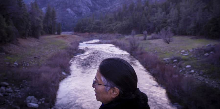 Caleen Sisk, chief and spiritual leader of the Winnemem Wintu Tribe, visits the McCloud River in January. (Allen J.