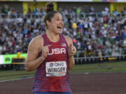 Silver medalist Kara Winger, of the United States, celebrates after the women's javelin throw at the World Athletics Championships on Frida, in Eugene, Ore.