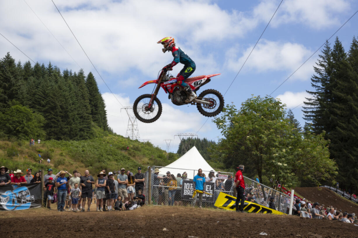 Jace Kessler takes a jump at the top of the course in the 450 Moto Class #1 during the Washougal National Lucas Oil Pro Motocross Championships at the Washougal MX Park on Saturday afternoon, July 23, 2022.