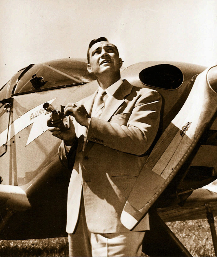Kenneth Arnold holds a movie camera in 1947 in front of his CallAir, after he reported seeing nine alleged UFOs near Mount Rainier. Arnold had no idea he would change the world when he told reporters in Pendleton, Ore., he saw nine strange objects flying along the Cascades.