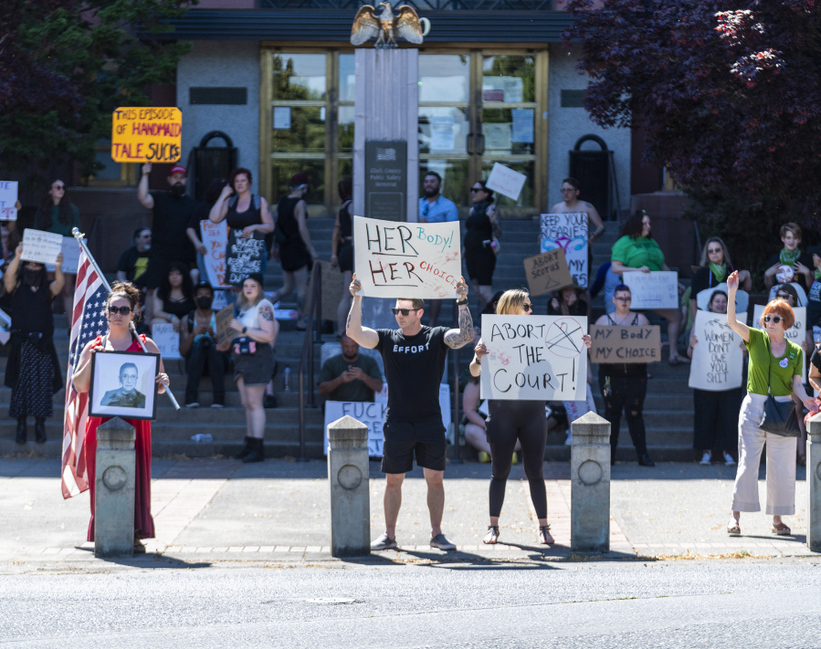 Protesters rally for abortion rights at the Clark County Courthouse on Monday afternoon.