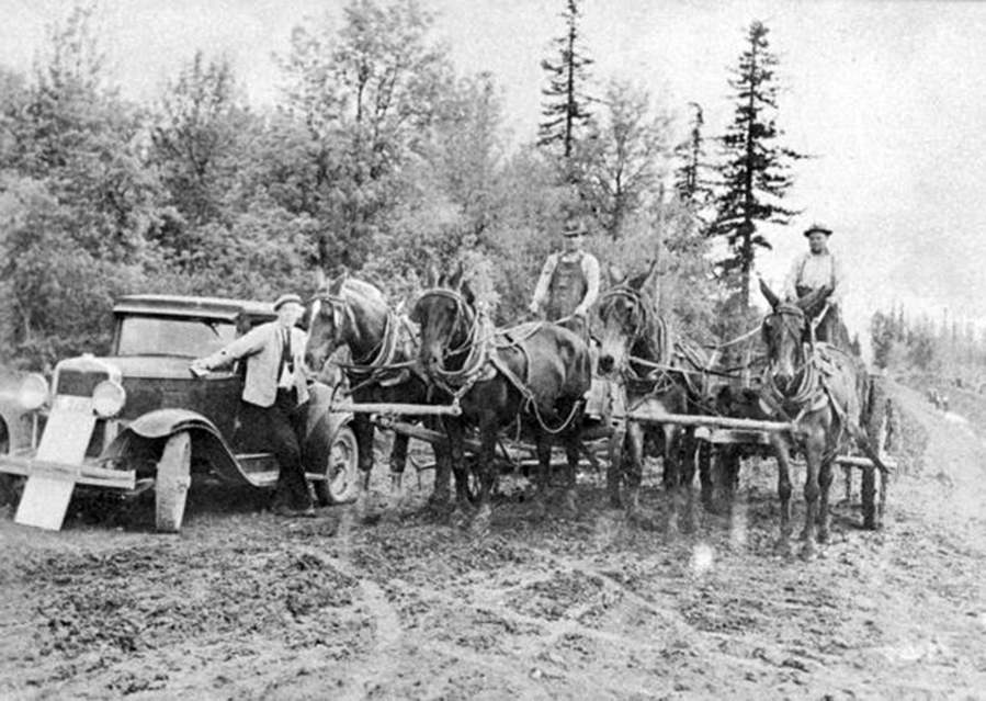 The Clark County Parks Department works its only team of horses during construction of Lewisville Park around 1937. The county's oldest park was funded by the New Deal that put 54,000 people to work in Washington and hundreds in Clark County during the Great Depression.