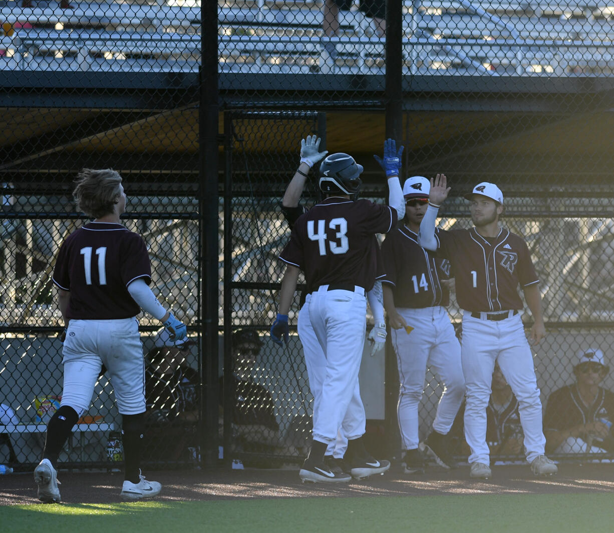 The Raptors dugout celebrates with left fielder Alex Sepulveda (43) and Nate Kirkpatrick (11) after a run was scored Tuesday, July 12, 2022, during a game between the Ridgefield Raptors and the Bellingham Bells at the Ridgefield Outdoor Recreation Complex.
