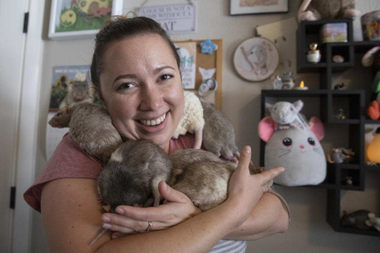 Richelle Kelly of Ridgefield holds all seven of her pet rats. Behind her are many of the rat-themed items that she's received from her thousands of Instagram and TikTok followers.
