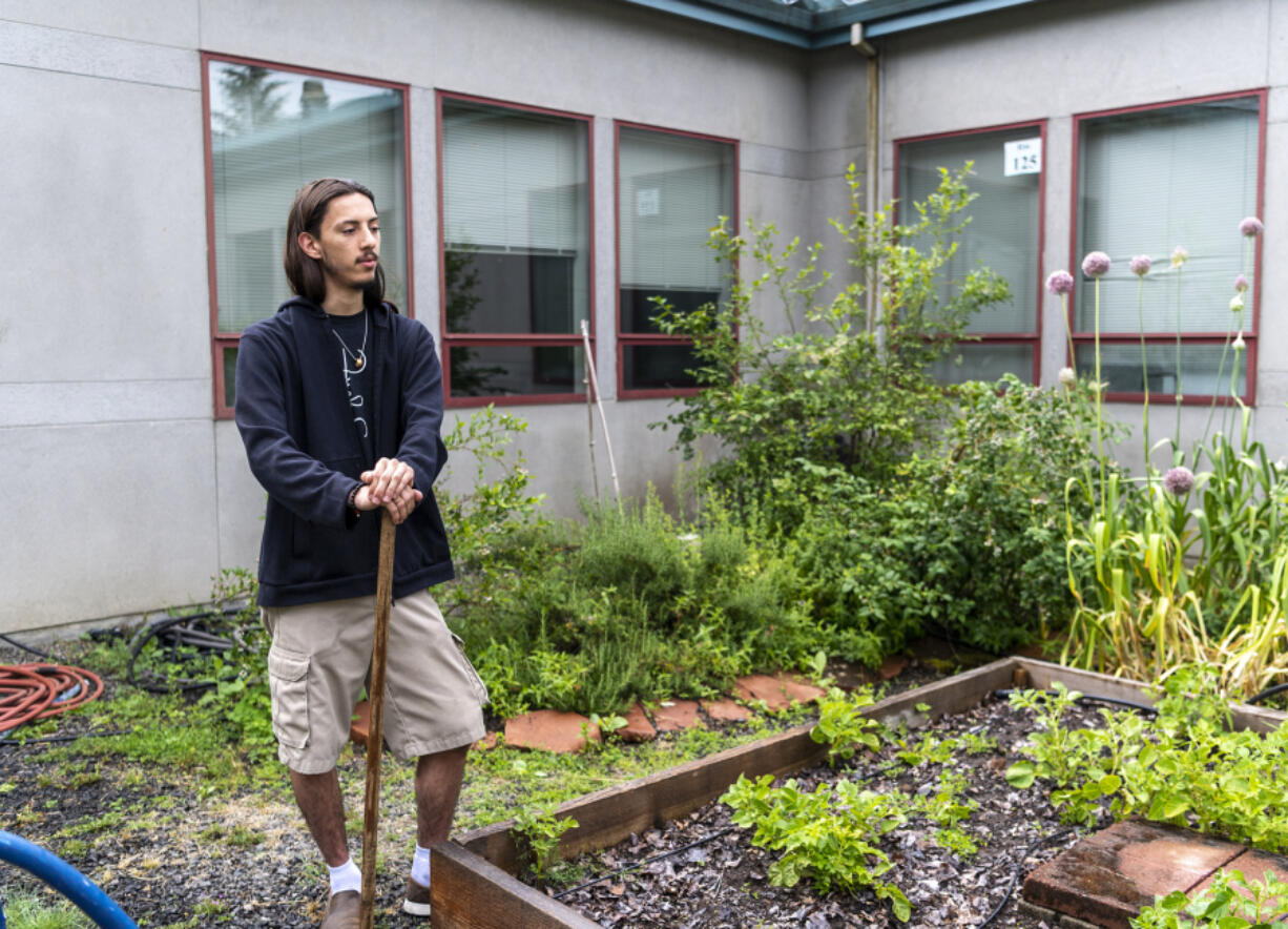 La Center senior Miguel Delgado talks about his work in managing the school's garden on Wednesday at La Center High School. The garden was among the first projects that led to La Center receiving Platinum certification by Washington Green Schools.