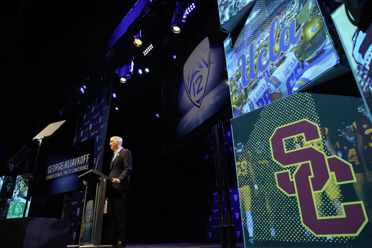 Pac-12 Conference commissioner George Kliavkoff speaks at the Pac-12 NCAA college football media day Friday, July 29, 2022, in Los Angeles.