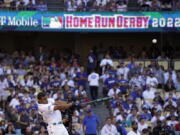 National League's Juan Soto, of the Washington Nationals, bats during the MLB All-Star baseball Home Run Derby, Monday, July 18, 2022, in Los Angeles. (AP Photo/Mark J.