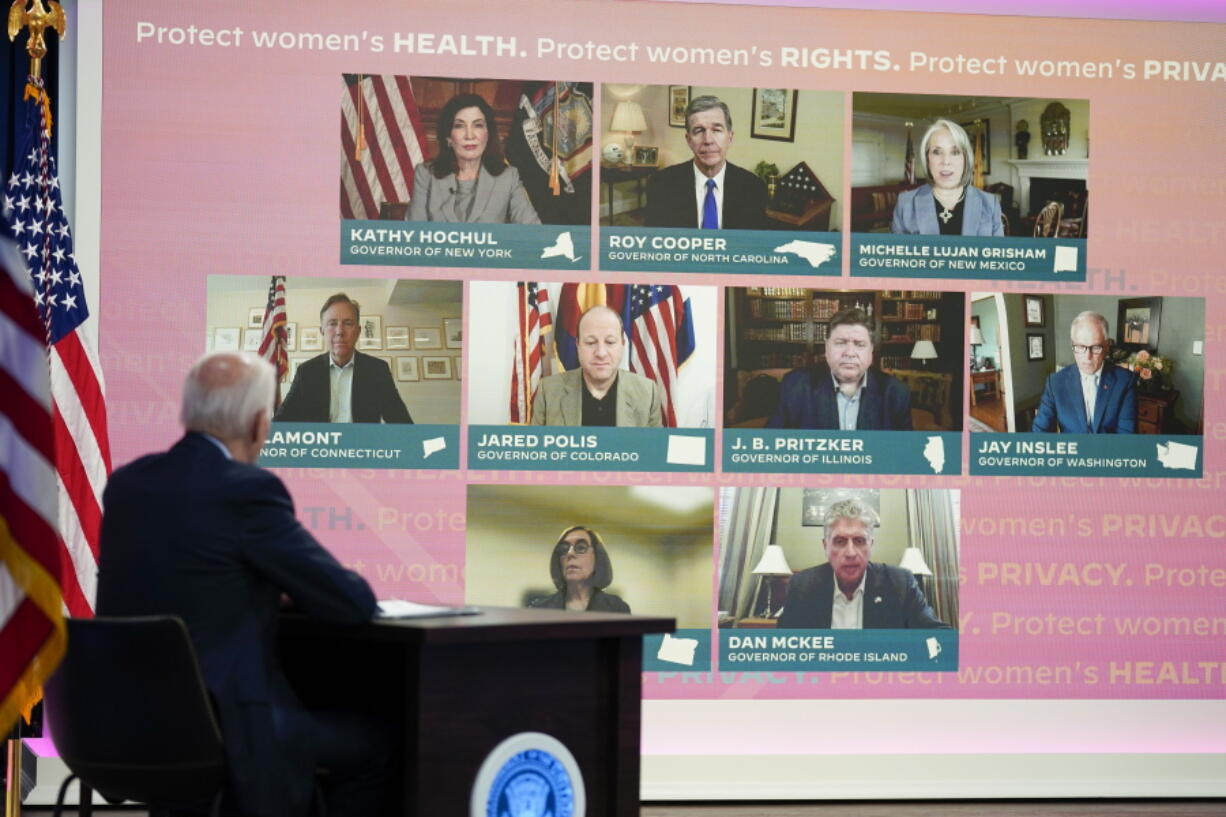 President Joe Biden participates in a virtual meeting with Democratic governors on the issue of abortion rights, in the South Court Auditorium on the White House campus, Friday, July 1, 2022, in Washington.