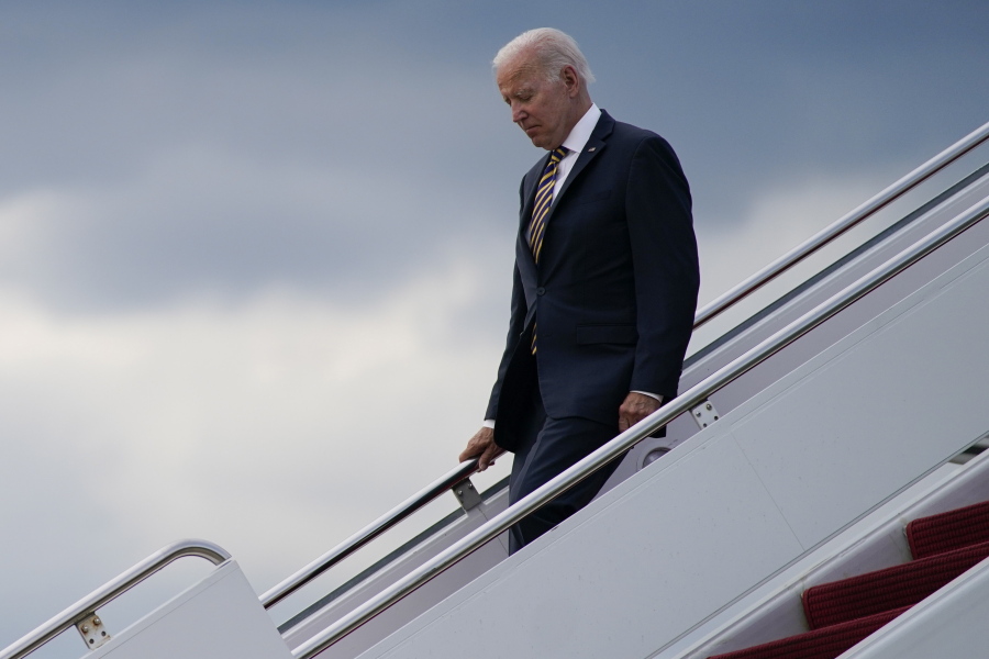 FILE - President Joe Biden arrives at Andrews Air Force Base after delivering remarks in Cleveland about the American Recovery Act, Wednesday, July 6, 2022, in Andrews Air Force Base, Md. Once-unthinkable coordination between Israeli and Arab militaries is coming into greater focus as Joe Biden heads into his first Middle East trip as president.