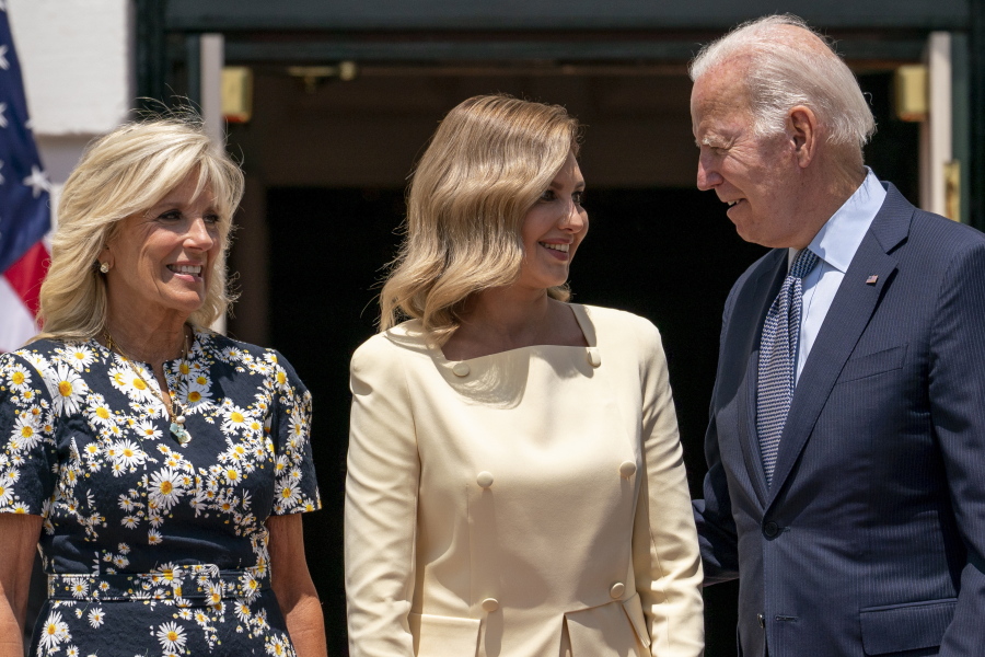 President Joe Biden and first lady Jill Biden greet Olena Zelenska, spouse of Ukrainian's President Volodymyr Zelenskyy at the White House in Washington, Tuesday, July 19, 2022.
