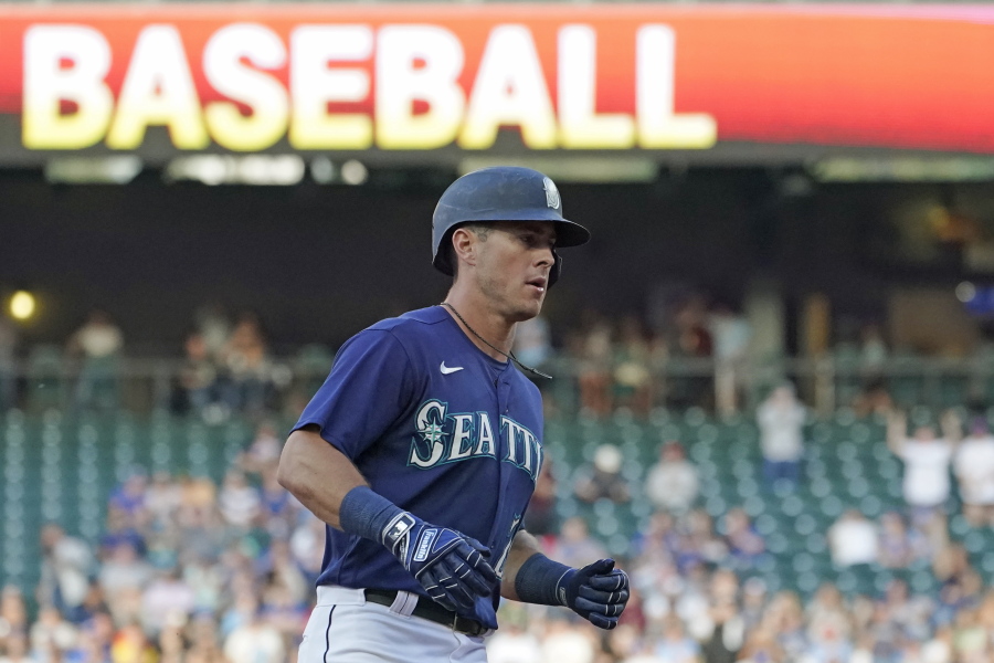 Seattle Mariners' Dylan Moore rounds the bases after hitting a solo home run against the Toronto Blue Jays during the second inning of a baseball game, Thursday, July 7, 2022, in Seattle. (AP Photo/Ted S.