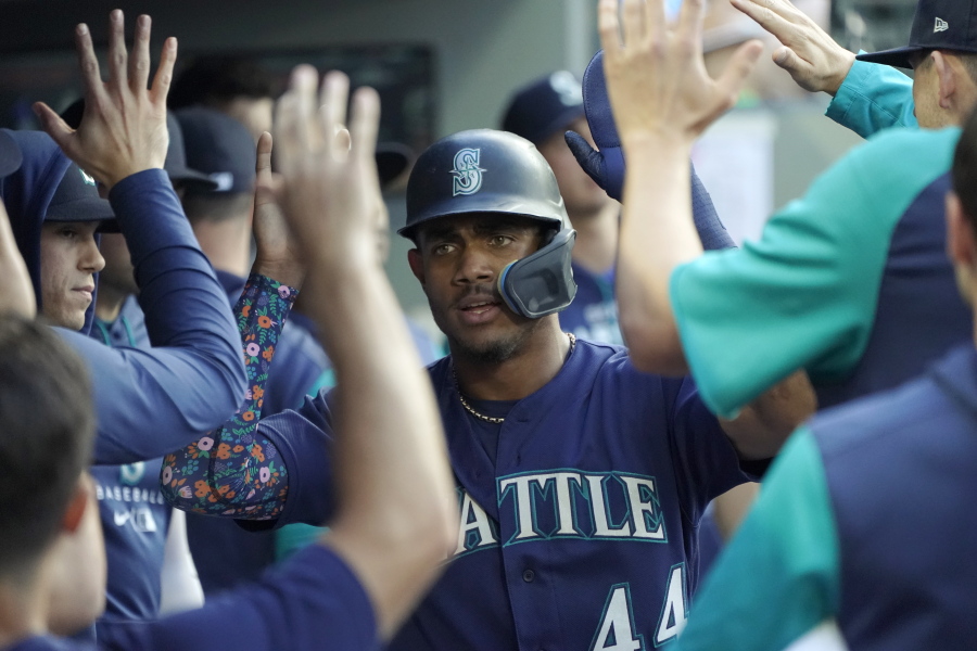 Seattle Mariners' Julio Rodriguez leads rookies with 15 home runs this season. (AP Photo/Ted S.
