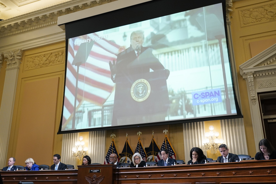 A video of then-President Donald Trump speaking is displayed as the House select committee investigating the Jan. 6 attack on the U.S. Capitol holds a hearing at the Capitol in Washington, Tuesday, July 12, 2022. (AP Photo/J.