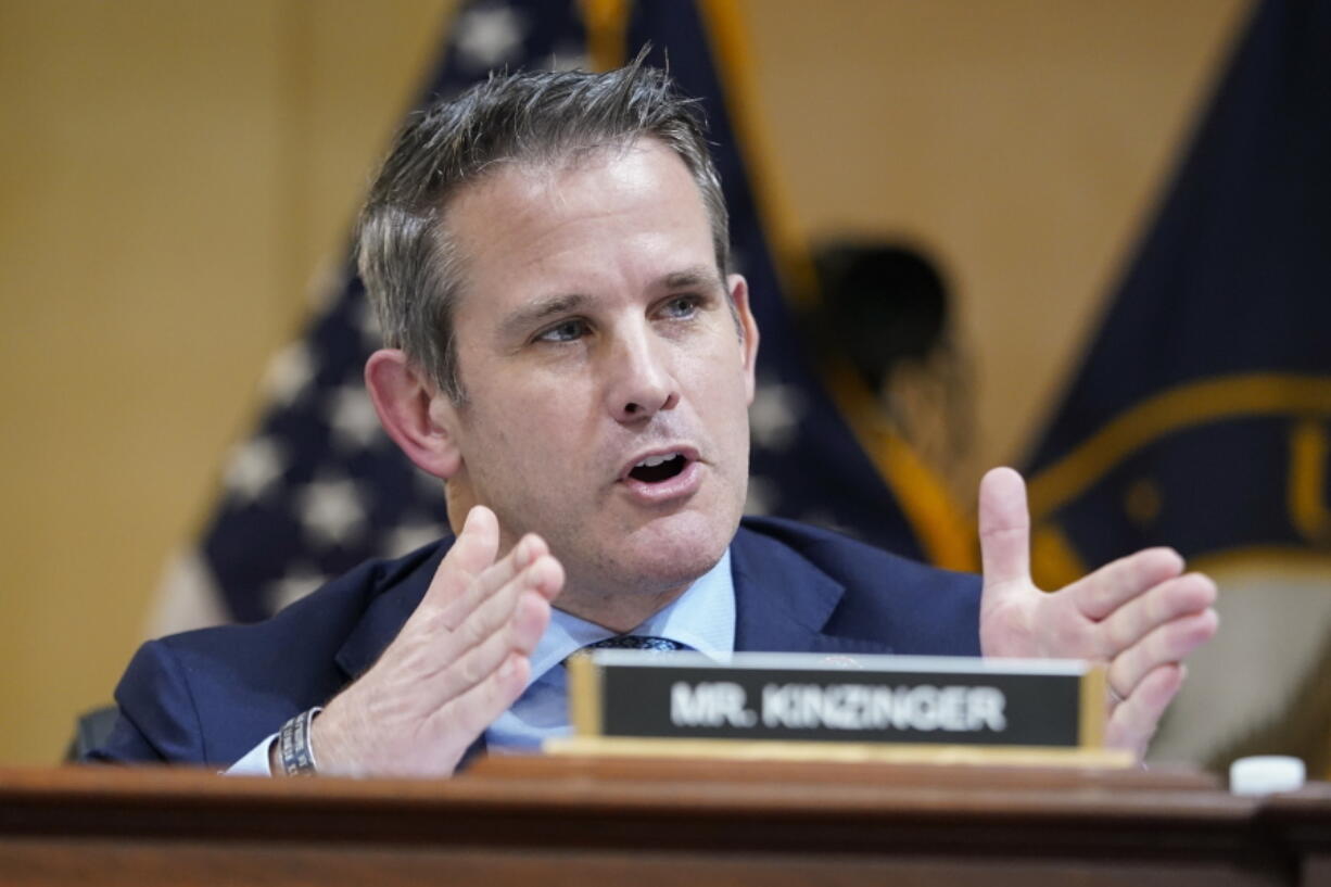 FILE - Rep. Adam Kinzinger, R-Ill., speaks as the House select committee investigating the Jan. 6 attack on the U.S. Capitol continues to reveal its findings of a year-long investigation, at the Capitol in Washington, June 23, 2022.