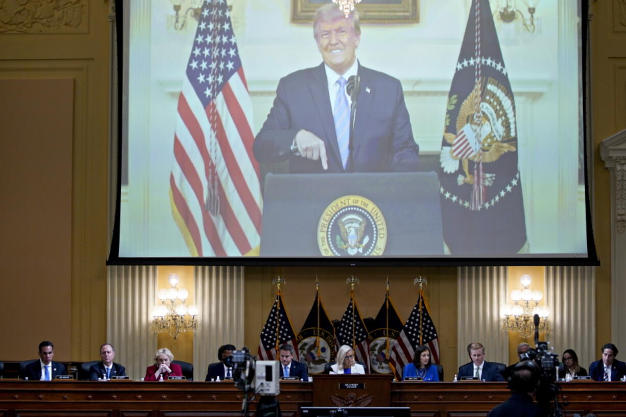 A video of President Donald Trump recording a statement on Jan. 7, 2021, is played, as the House select committee investigating the Jan. 6 attack on the U.S. Capitol holds a hearing at the Capitol in Washington, Thursday, July 21, 2022.