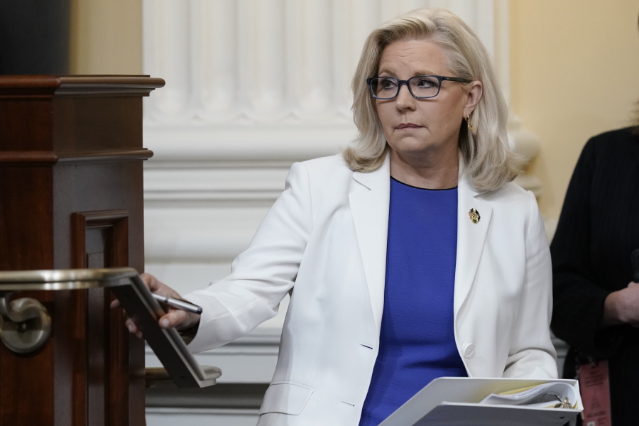 FILE - Vice Chair Liz Cheney, R-Wyo., arrives after a break as the House select committee investigating the Jan. 6 attack on the U.S. Capitol holds a hearing at the Capitol in Washington, Thursday, July 21, 2022. (AP Photo/J.