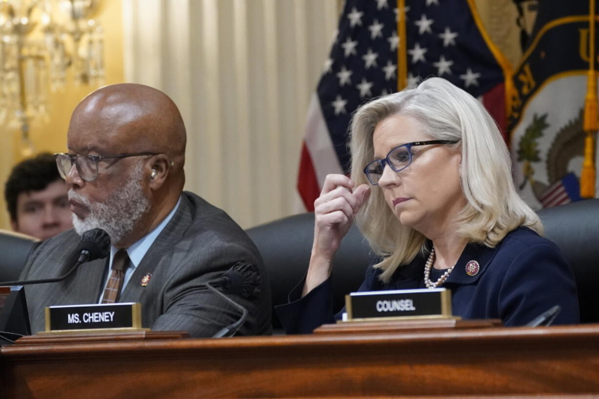 Chairman Bennie Thompson, D-Miss., and Vice Chair Liz Cheney, R-Wyo., listen as the House select committee investigating the Jan. 6 attack on the U.S. Capitol holds a hearing at the Capitol in Washington, Tuesday, June 28, 2022. (AP Photo/J.