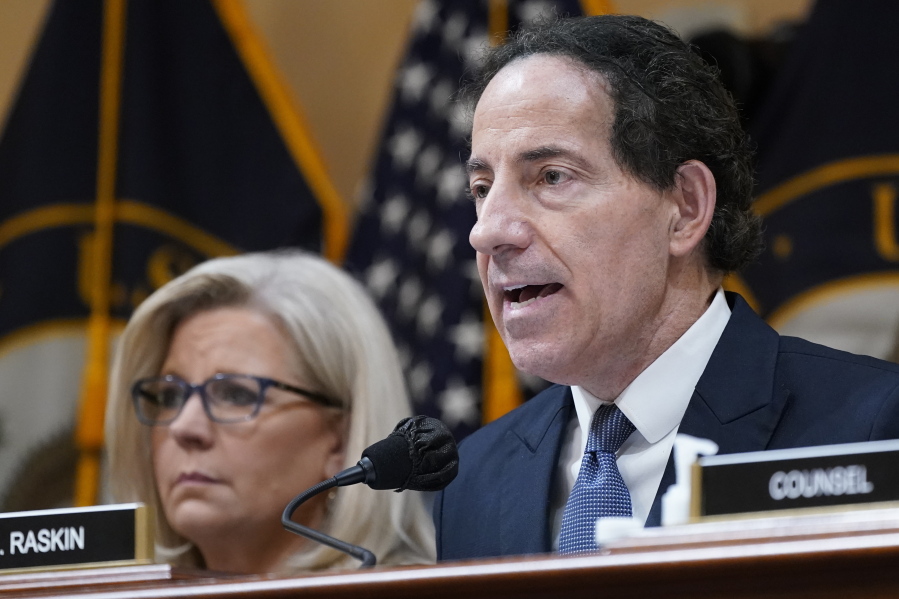 Vice Chair Liz Cheney, R-Wyo., left, listens as Rep. Jamie Raskin, D-Md., speaks as the House select committee investigating the Jan. 6 attack on the U.S. Capitol holds a hearing at the Capitol in Washington, Tuesday, July 12, 2022. (AP Photo/J.