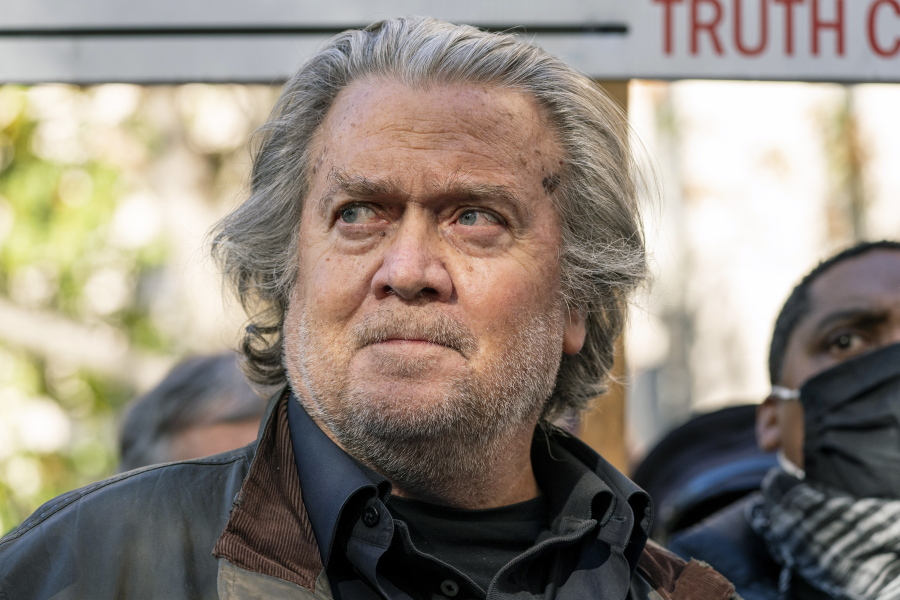FILE - Former White House strategist Steve Bannon speaks with reporters after departing federal court on Nov. 15, 2021, in Washington.