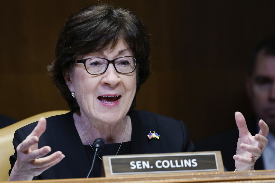 FILE - Sen. Susan Collins, R-Maine, speaks during hearing on the fiscal year 2023 budget for the FBI in Washington, May 25, 2022. A bipartisan group of senators, including Collins, released proposed changes July 20, to the Electoral Count Act, the post-Civil War-era law for certifying presidential elections that came under intense scrutiny after the Jan. 6 attack on the Capitol and Donald Trump's effort to overturn the 2020 election.
