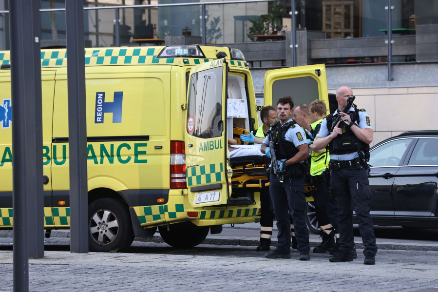An ambulance and armed police outside the Field's shopping center, in Orestad, Copenhagen, Denmark, Sunday, July 3, 2022, after reports of shots fired.