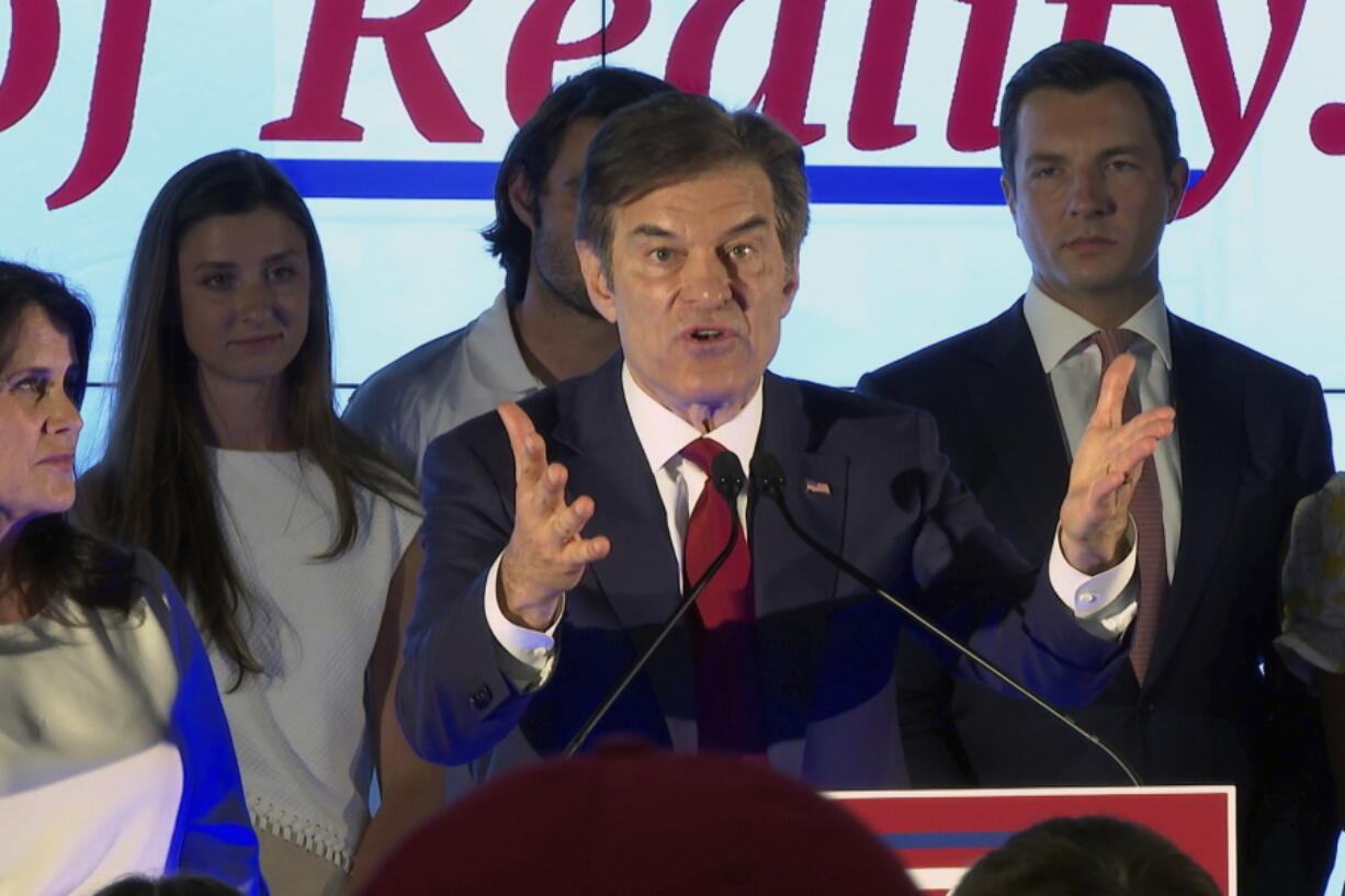FILE - Mehmet Oz, Republican candidate for U.S. Senate in Pennsylvania, speaks at a primary night election gathering in Newtown, Pa., May 17, 2022.