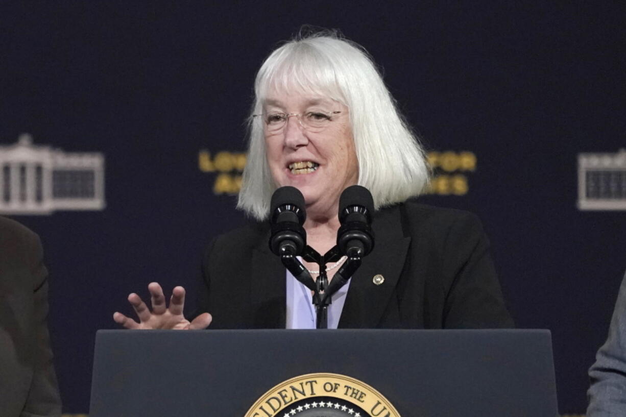 U.S. Sen. Patty Murray, D-Wash., speaks at an event with President Joe Biden on April 22, 2022, in Auburn, Wash., south of Seattle. Murray is being challenged by Tiffany Smiley, a Republican from Pasco, Wash., in the upcoming election. (AP Photo/Ted S.