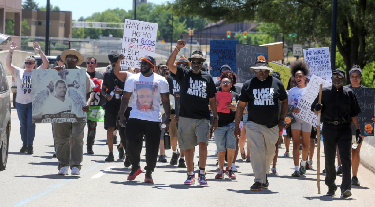 Protesters march along South High Street on Saturday, July 2, 2022, in Akron, Ohio, calling for justice for Jayland Walker after he was fatally shot by Akron Police earlier in the week, following a vehicle and foot pursuit.