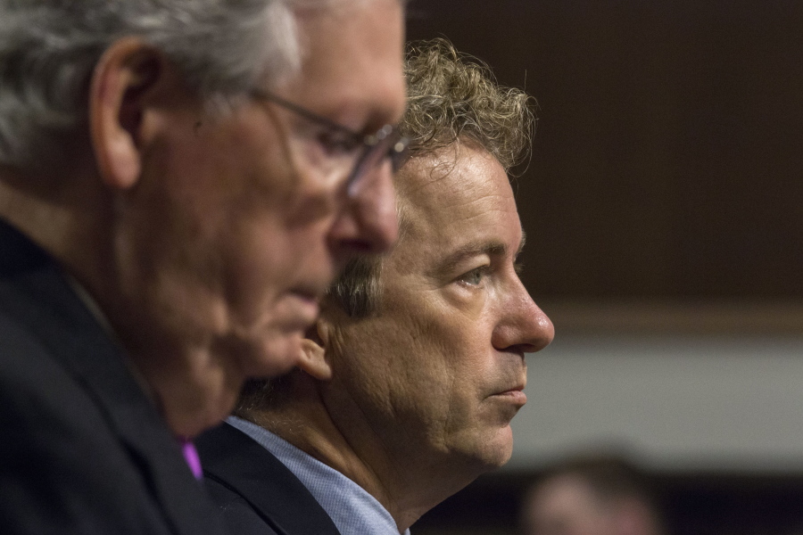 FILE - Senate Majority Leader Mitch McConnell, of Ky., left, and Sen. Rand Paul, R-Ky., appear on Capitol Hill in Washington, on Jan. 11, 2017. Paul on Monday, July 18, 2022, accused McConnell of cutting "a secret deal with the White House that fell apart," blaming a lack of communication by his fellow Kentuckian for the failure of a federal judicial nomination.