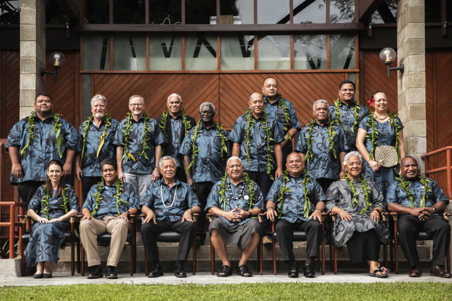 Leaders pose during the family photo at the Pacific Islands Forum leaders summit in Suva, Fiji, Thursday, July 14, 2022.
