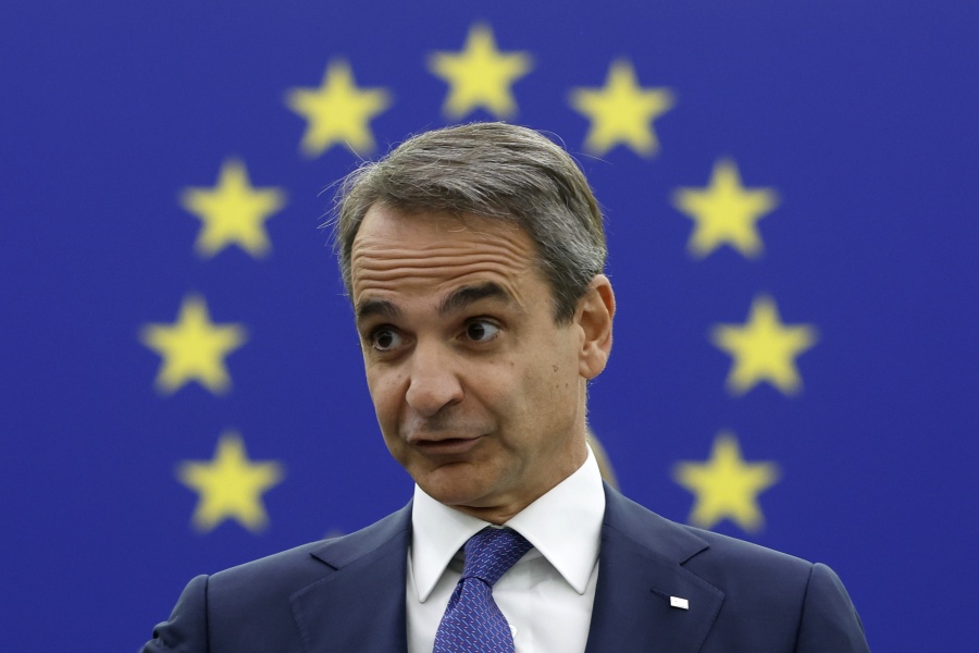 Greek Prime Minister Kyriakos Mitsotakis delivers his speech during a debate at the European Parliament , Tuesday, July 5, 2022 in Strasbourg, eastern France.