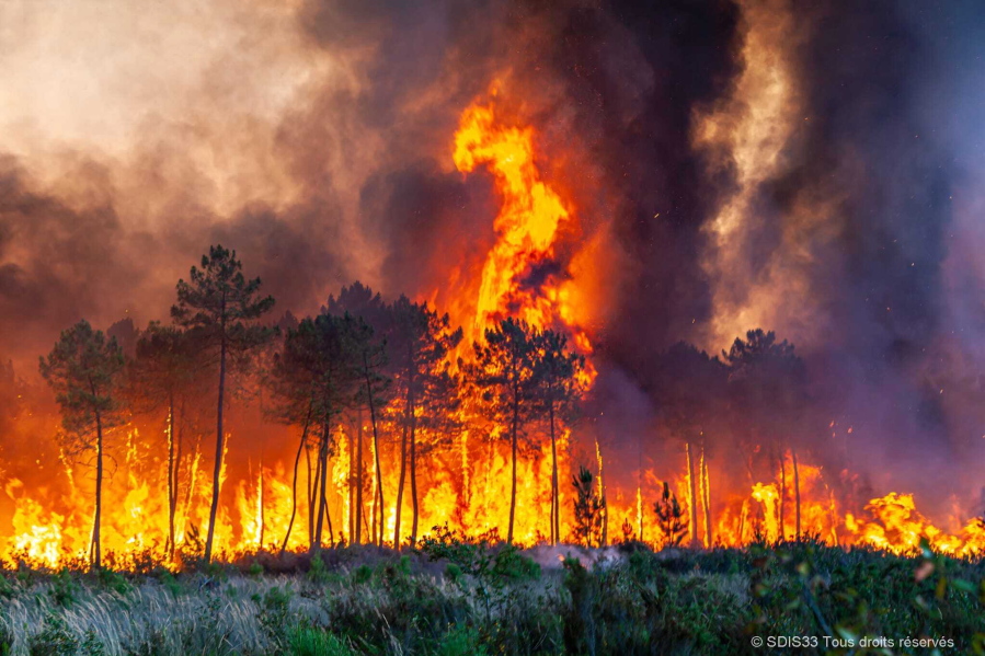This photo provided by the fire brigade of the Gironde region (SDIS 33) shows a wildfire near Landiras, southwestern France, Sunday July 17, 2022 . Firefighters battled wildfires raging out of control in France and Spain on Sunday as Europe wilted under an unusually extreme heat wave that authorities in Madrid blamed for hundreds of deaths.