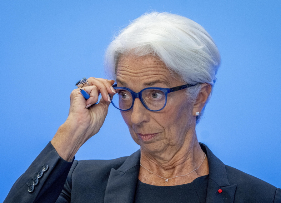Christine Lagarde, President of the European Central Bank speaks during a press conference following a meeting of the governing council in Frankfurt, Germany, Thursday, July 21, 2022.