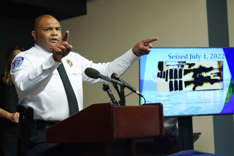 Richmond Police Chief Gerald M Smith gestures during a press conference at Richmond Virginia Police headquarters, Wednesday July 6, 2022, in Richmond, Va. Police said Wednesday that they thwarted a planned July 4 mass shooting after receiving a tip that led to arrests and the seizure of multiple guns -- an announcement that came just two days after a deadly mass shooting on the holiday in a Chicago suburb..